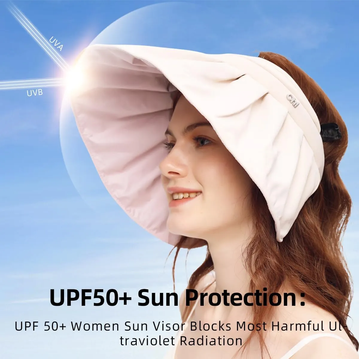 Sun Visor Hat for Women Wide Brim Foldable UPF 50  UV Protection Beach Cap Roll Up Packable Ponytail Shell Hats SLH3M433