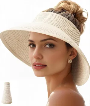 Sun Visor Hats for Women Wide Brim Straw Ponytail Summer Beach Hat UV UPF Packable Foldable Travel
