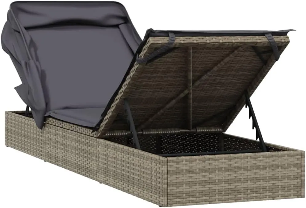 Sunbed with Foldable Roof Gray 83.9"x24.8"x38.2" Poly Rattans for Adults with umbrellaSuitable for Garden Courtyard