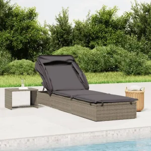 Sunbed with Foldable Roof Gray 83.9"x24.8"x38.2" Poly Rattans for Adults with umbrellaSuitable for Garden Courtyard