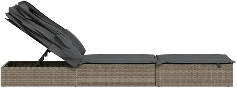 Sunbed with Foldable Roof Gray 83.9"x24.8"x38.2" Poly Rattans for Adults with umbrellaSuitable for Garden Courtyard