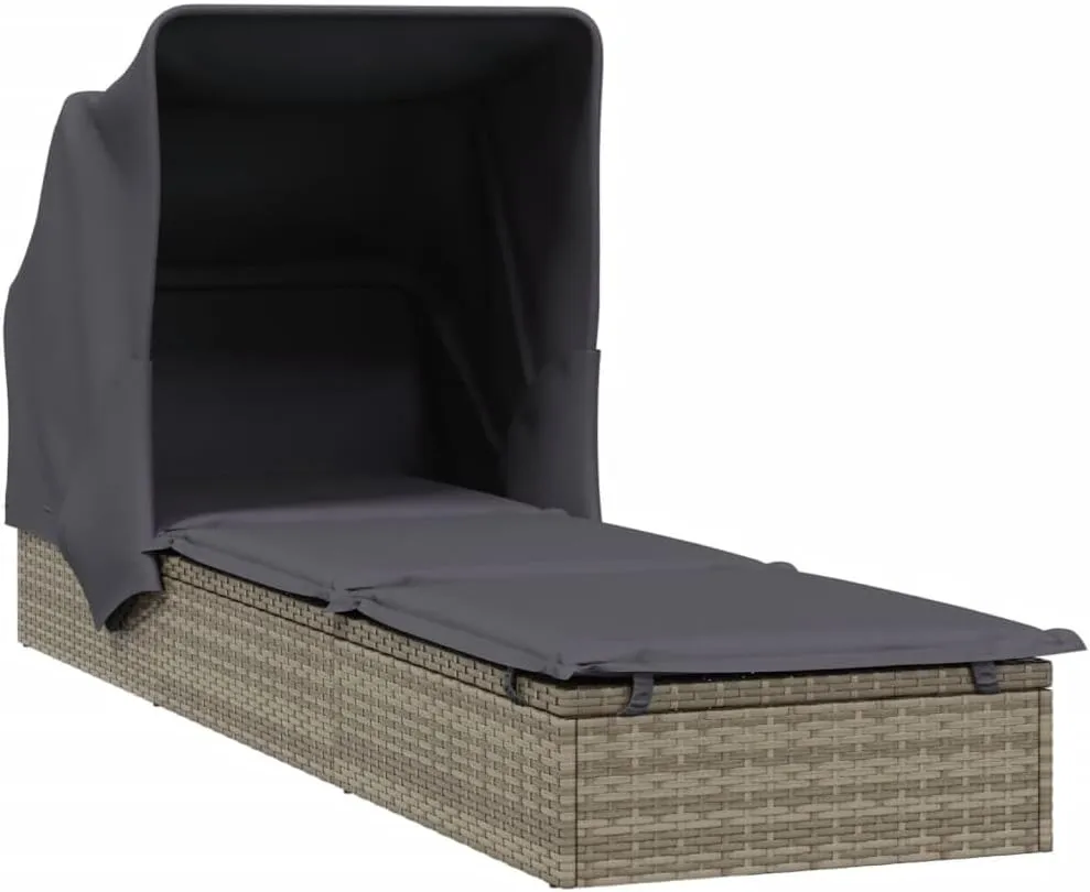 Sunbed with Foldable Roof Gray 83.9"x24.8"x38.2" Poly Rattans for Adults with umbrellaSuitable for Garden Courtyard