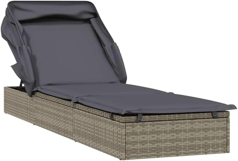 Sunbed with Foldable Roof Gray 83.9"x24.8"x38.2" Poly Rattans for Adults with umbrellaSuitable for Garden Courtyard