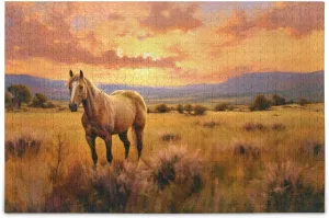 Sunset Grassland Horse Jigsaw Puzzle 500 Piece, Educational Intellectual Decompression Puzzle Game Jigsaw Puzzle for Adult Active Thinking Party Entertainment, Family Games