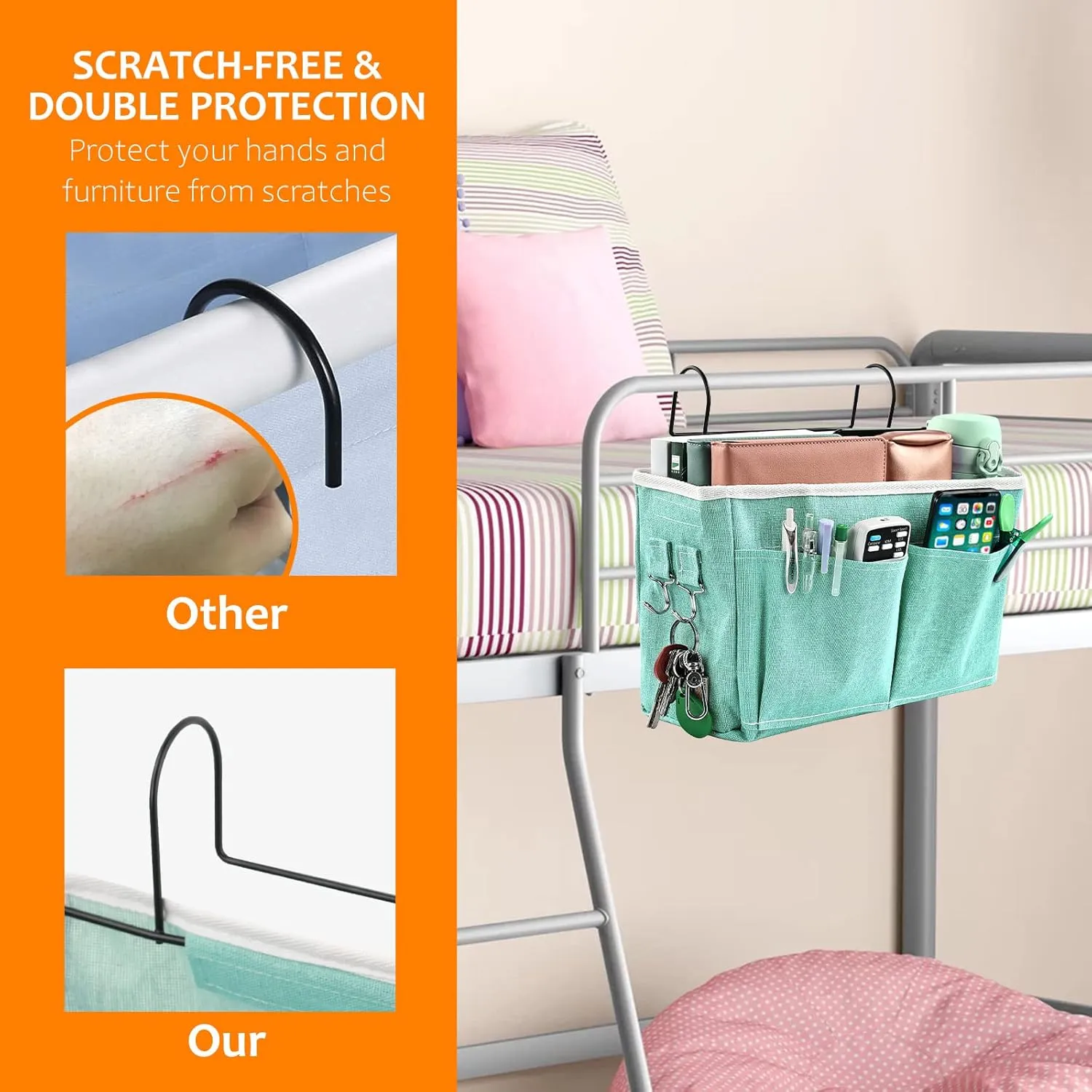 Surblue Bedside Caddy Bedside Storage Bag Hanging Organizer for Bunk, Hospital Beds, Dorm Rooms Bed Rails Camp 4 Pockets and 2 Hooks (Green)