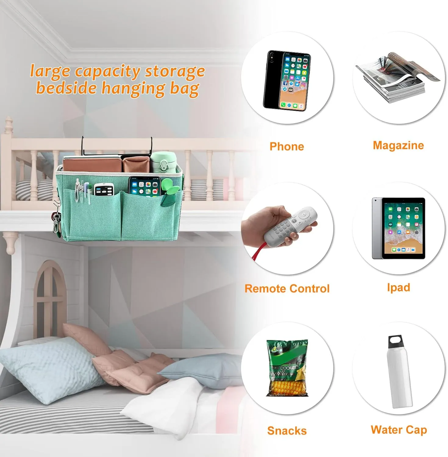 Surblue Bedside Caddy Bedside Storage Bag Hanging Organizer for Bunk, Hospital Beds, Dorm Rooms Bed Rails Camp 4 Pockets and 2 Hooks (Green)