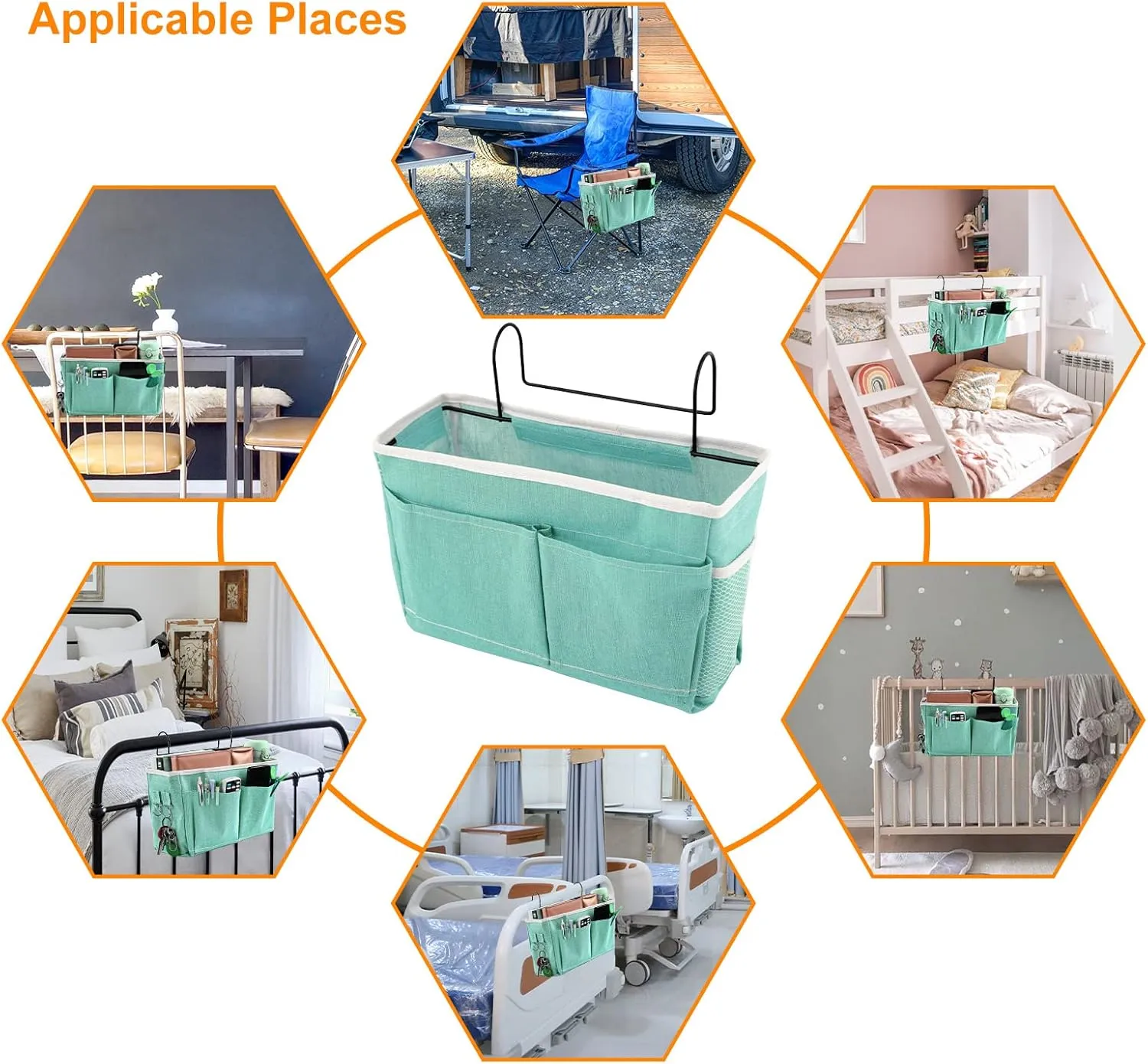 Surblue Bedside Caddy Bedside Storage Bag Hanging Organizer for Bunk, Hospital Beds, Dorm Rooms Bed Rails Camp 4 Pockets and 2 Hooks (Green)
