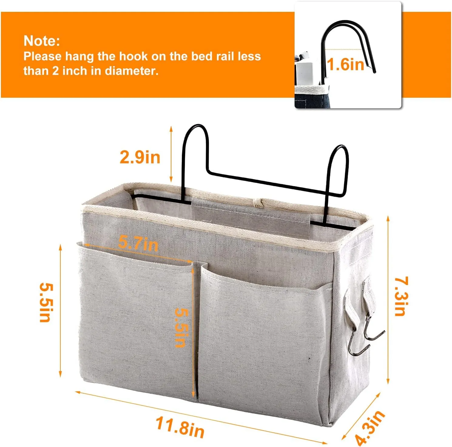 Surblue Bedside Caddy Bedside Storage Bag Hanging Organizer for Bunk, Hospital Beds, Dorm Rooms Bed Rails Camp 4 Pockets and 2 Hooks (Grey)