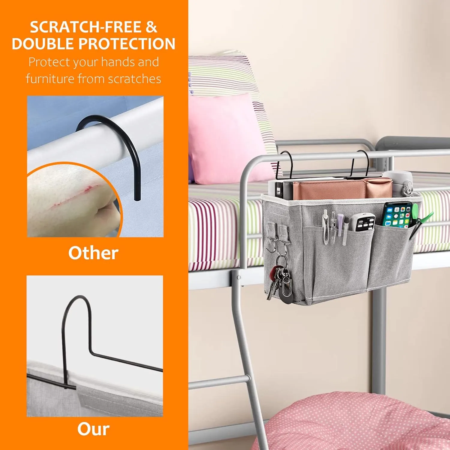 Surblue Bedside Caddy Bedside Storage Bag Hanging Organizer for Bunk, Hospital Beds, Dorm Rooms Bed Rails Camp 4 Pockets and 2 Hooks (Grey)