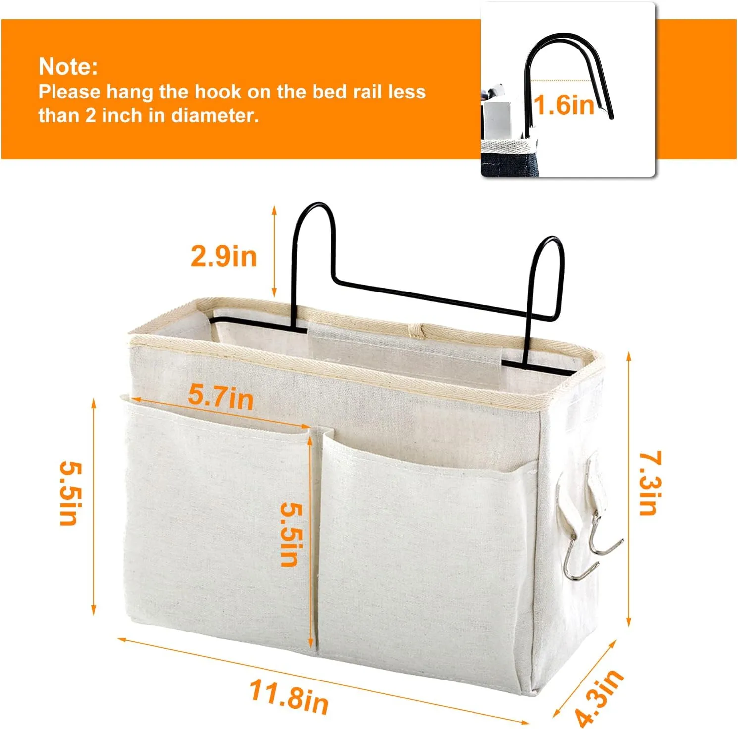 Surblue Bedside Caddy Bedside Storage Bag Hanging Organizer for Bunk, Hospital Beds, Dorm Rooms Bed Rails Camp 4 Pockets and 2 Hooks (White)