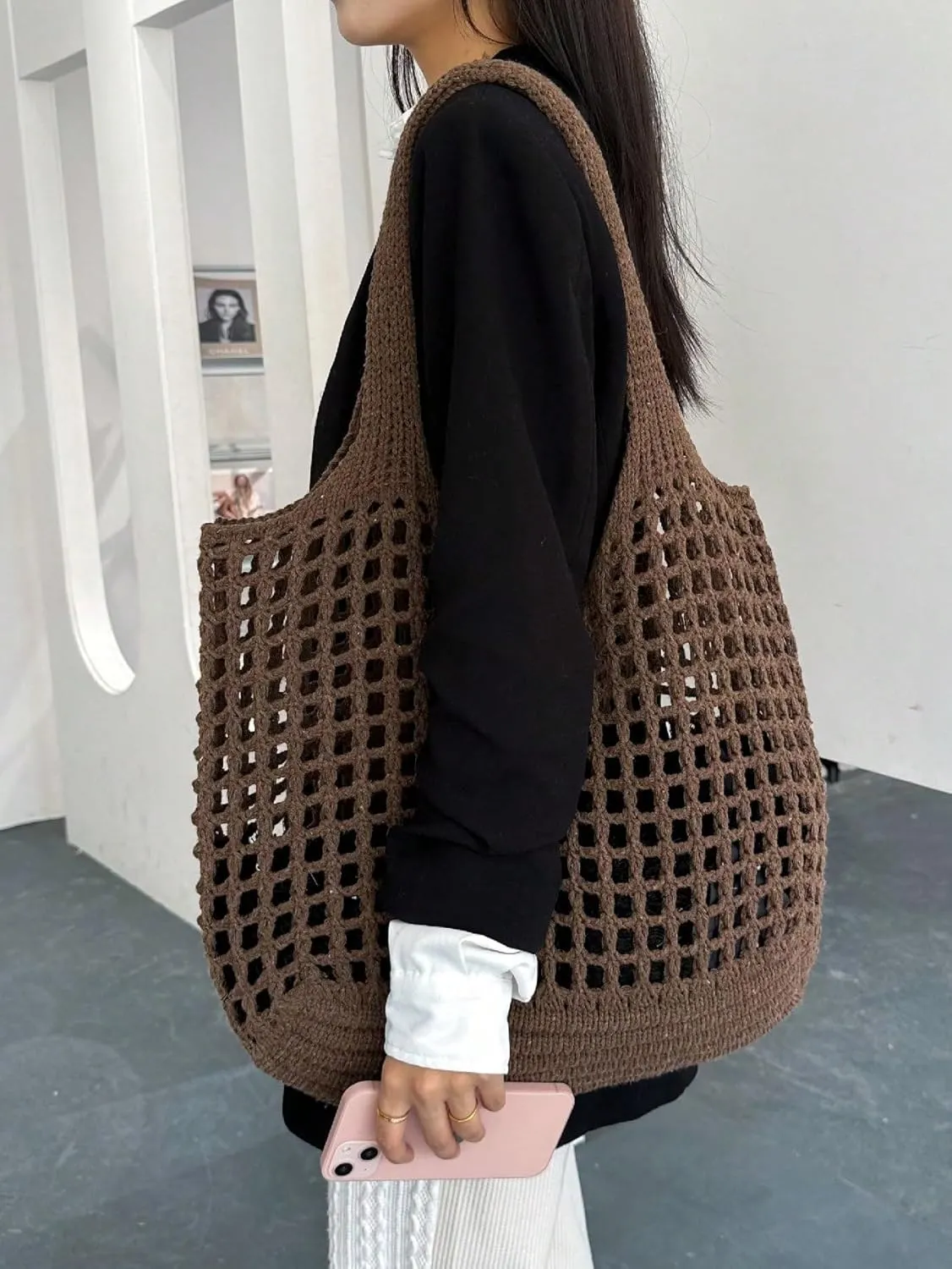SweatyRocks Women's Crochet Beach Mesh Tote Bags Retro Hobo Knitted Fishnet Handbags