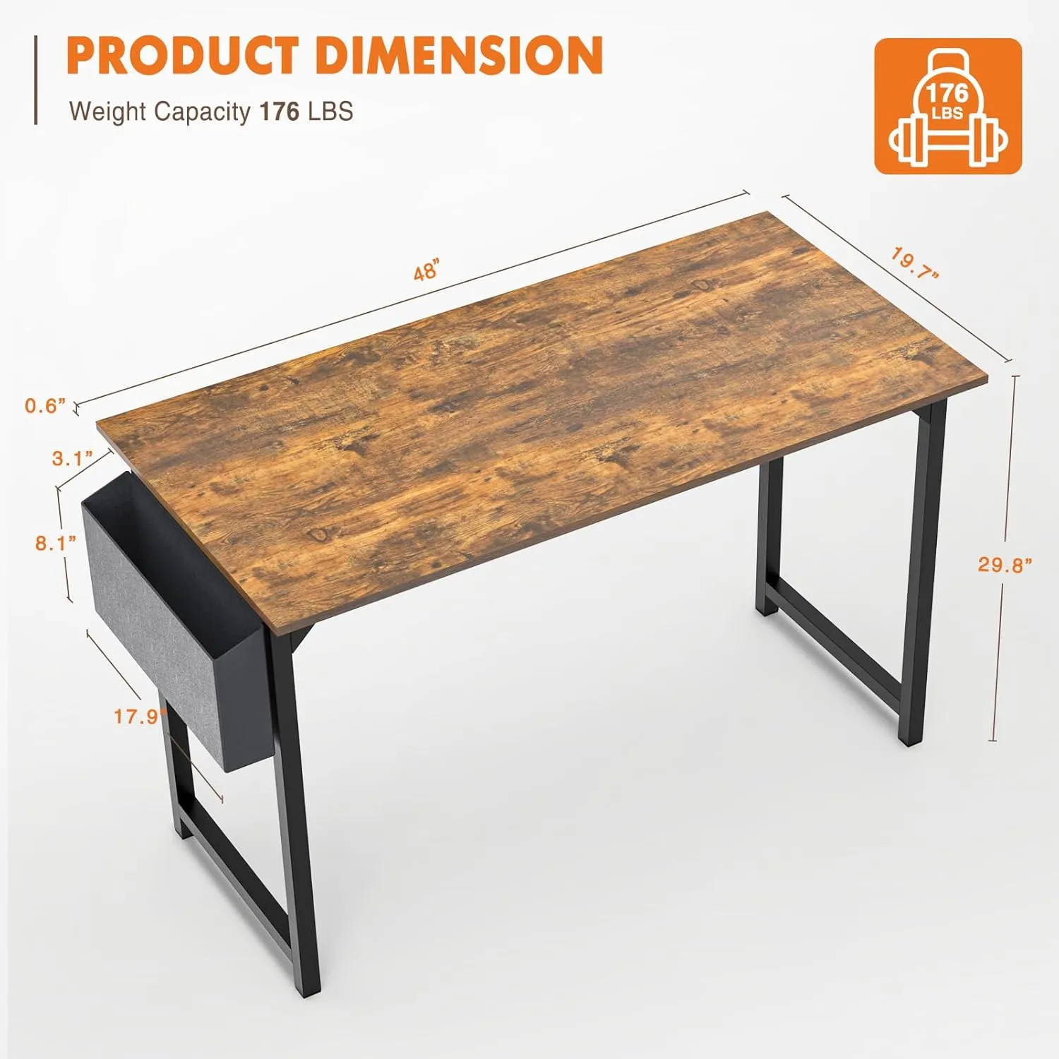 Sweetcrispy Computer Office Desk 48 Inch Student Kids Study Writing Work with Headphone Hooks & Storage Bag Modern Simple PC Home Bedroom Table, Rustic Brown