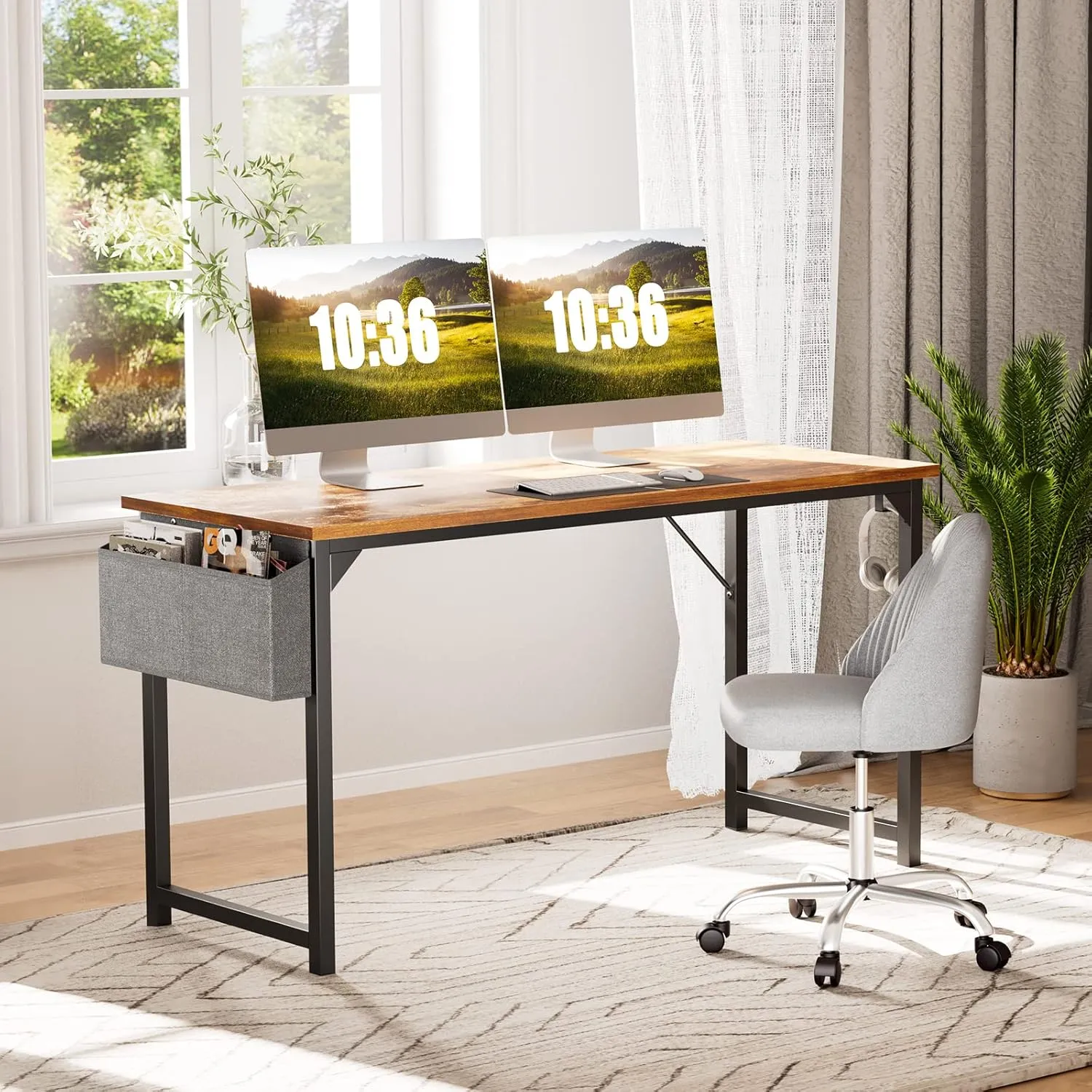 Sweetcrispy Computer Office Desk 48 Inch Student Kids Study Writing Work with Headphone Hooks & Storage Bag Modern Simple PC Home Bedroom Table, Rustic Brown