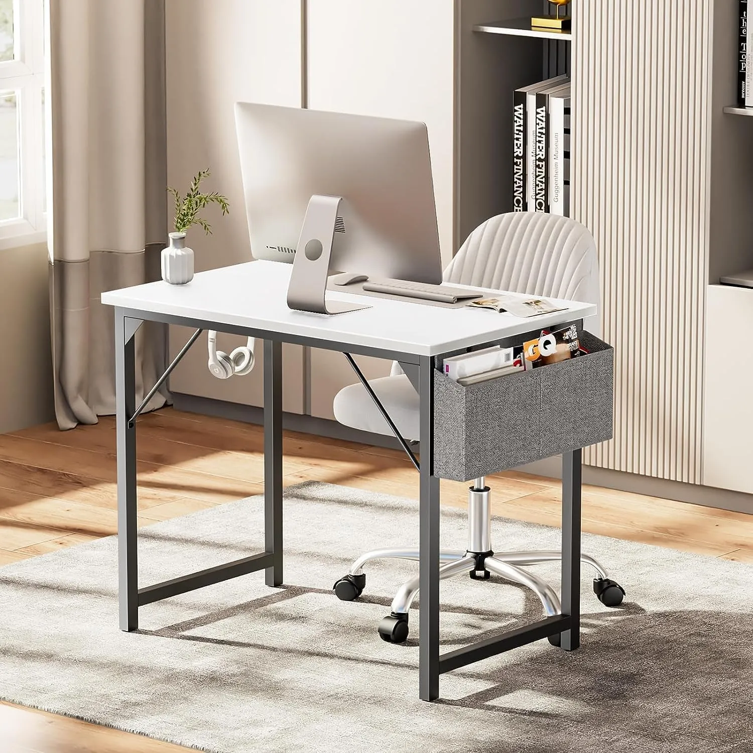 Sweetcrispy Computer Small Desk, Office 32 Inch Writing Work Study Kids Student Teacher Home Bedroom Table with Storage Bag Headphone Hooks & no Wheels - White