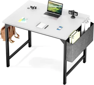 Sweetcrispy Computer Small Desk, Office 32 Inch Writing Work Study Kids Student Teacher Home Bedroom Table with Storage Bag Headphone Hooks & no Wheels - White