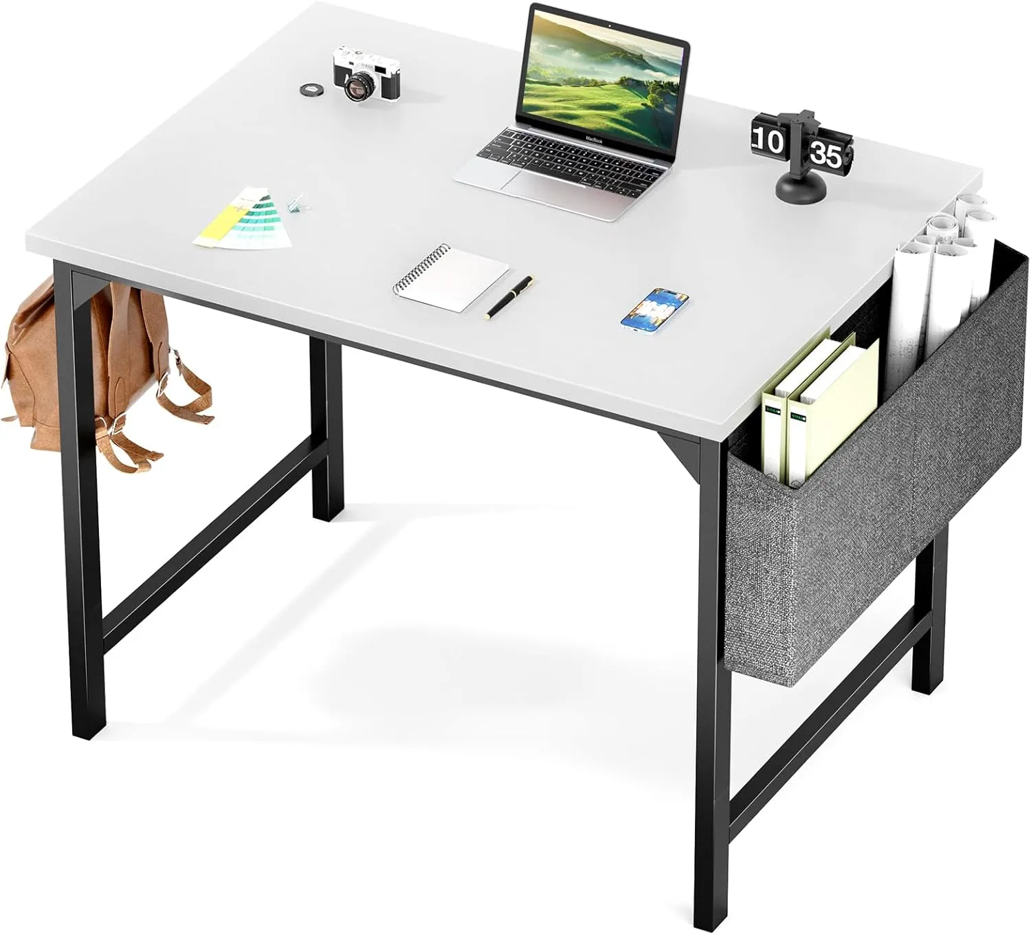 Sweetcrispy Computer Small Desk, Office 32 Inch Writing Work Study Kids Student Teacher Home Bedroom Table with Storage Bag Headphone Hooks & no Wheels - White