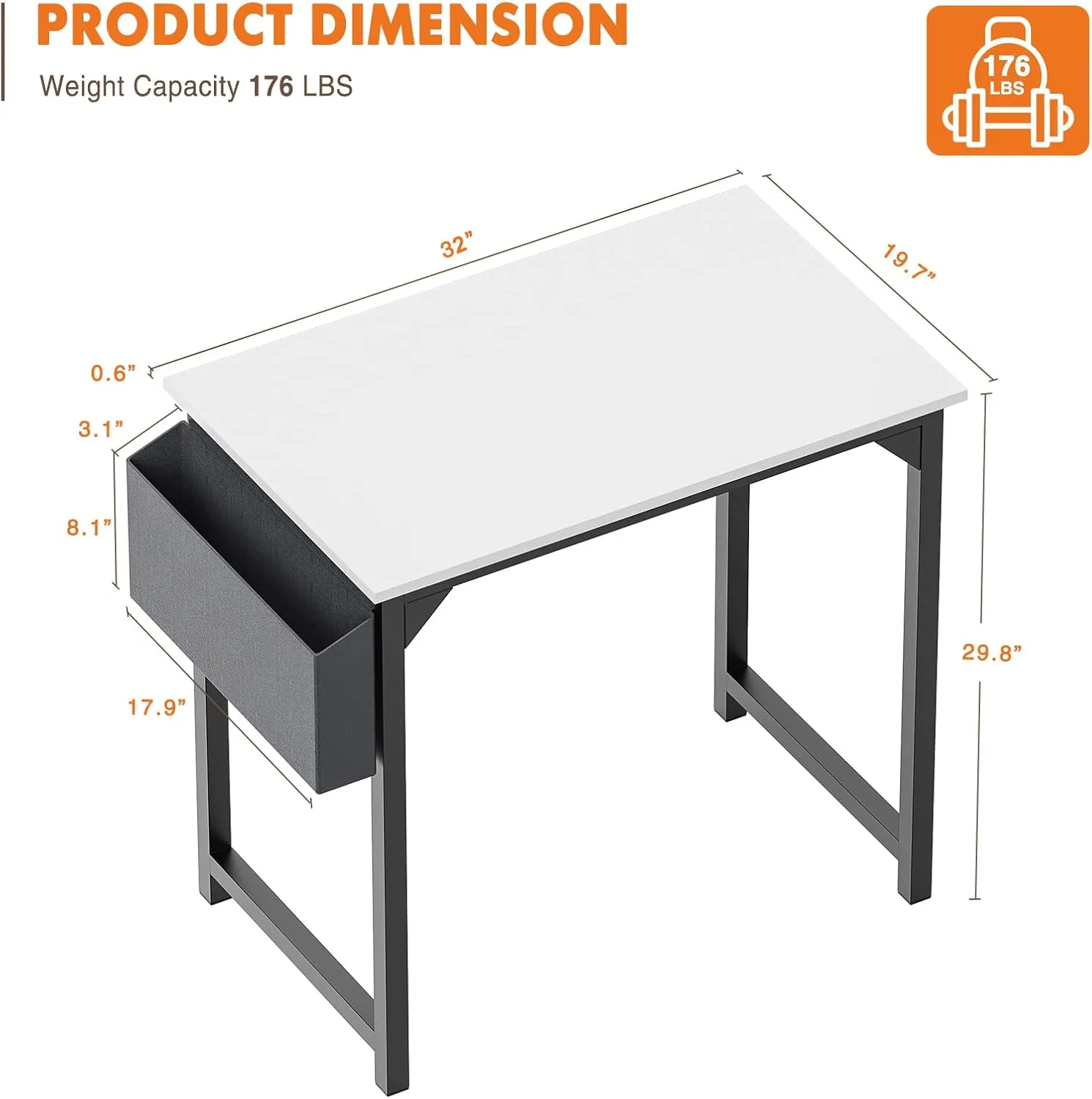 Sweetcrispy Computer Small Desk, Office 32 Inch Writing Work Study Kids Student Teacher Home Bedroom Table with Storage Bag Headphone Hooks & no Wheels - White