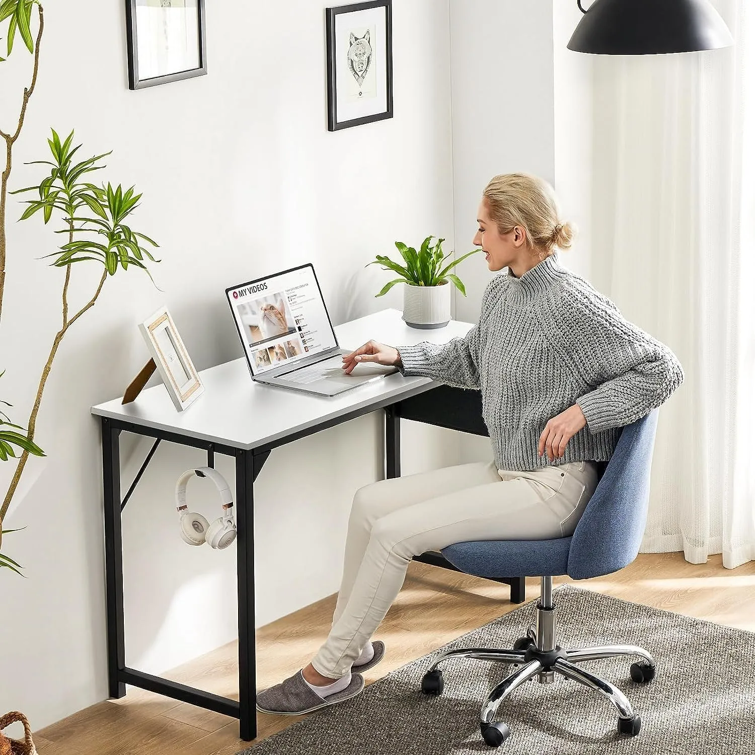 Sweetcrispy Computer Small Desk, Office 32 Inch Writing Work Study Kids Student Teacher Home Bedroom Table with Storage Bag Headphone Hooks & no Wheels - White