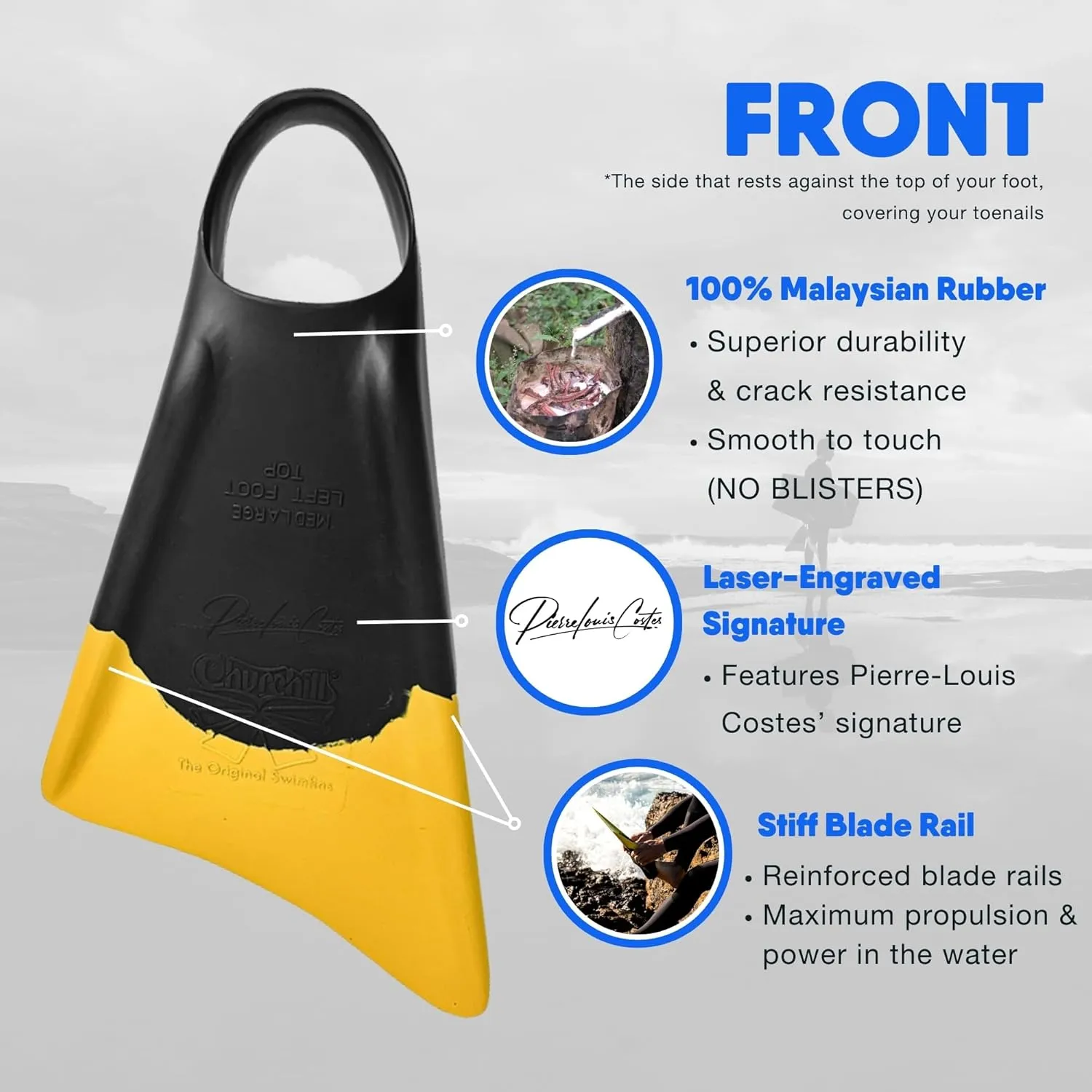Swim Fins Churchill® Makapuu® Malaysian or Gum Rubber. Patented Design for Swimming Fin Propulsion, Diving, Surfing, Bodyboarding, Unisex.