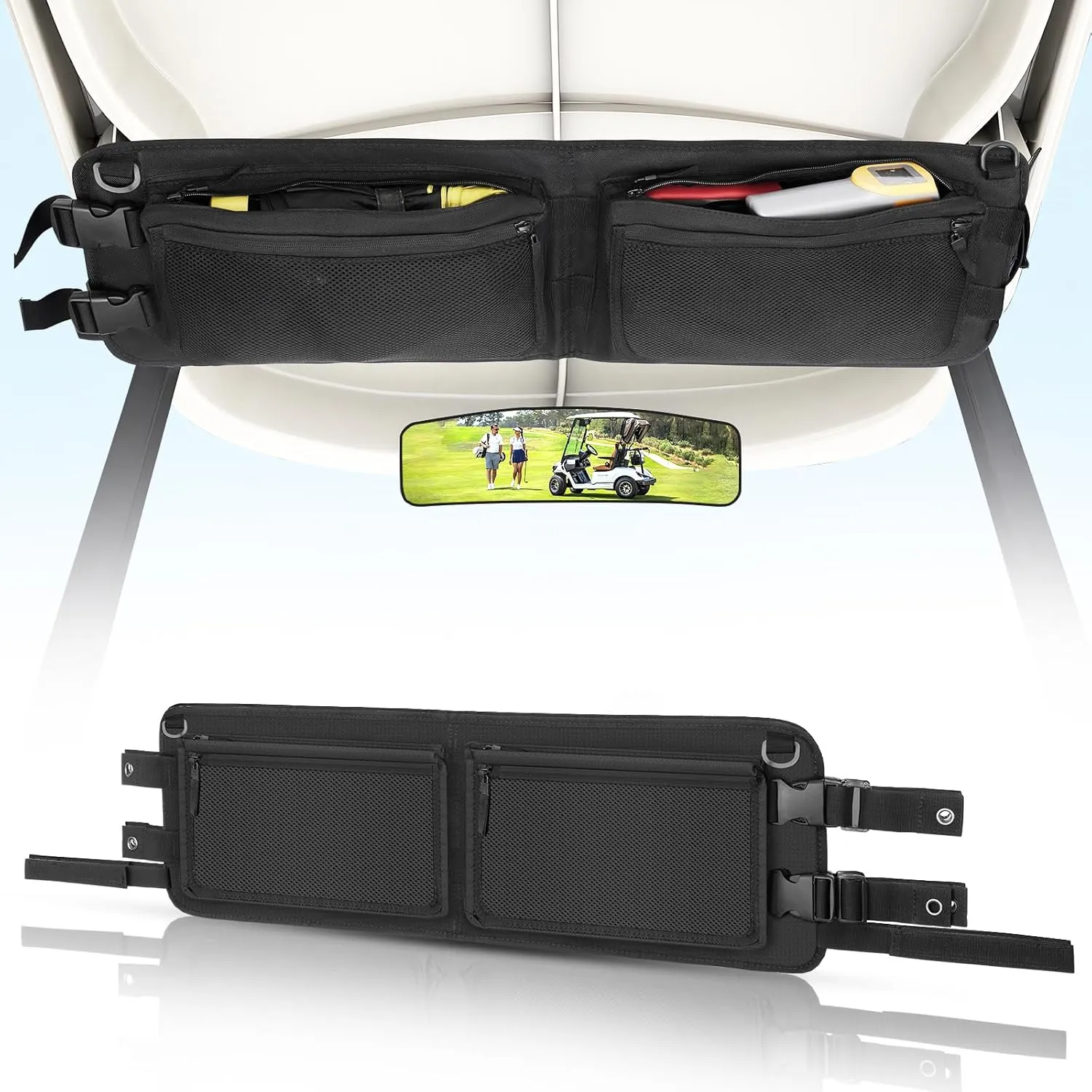 T TGBROS Universal Golf Cart Overhead Storage Organizer – Ceiling Mesh Storage Bag for Club Car Precedent, Tempo, Onward – Adjustable, Easy-Install with Large Capacity – Black