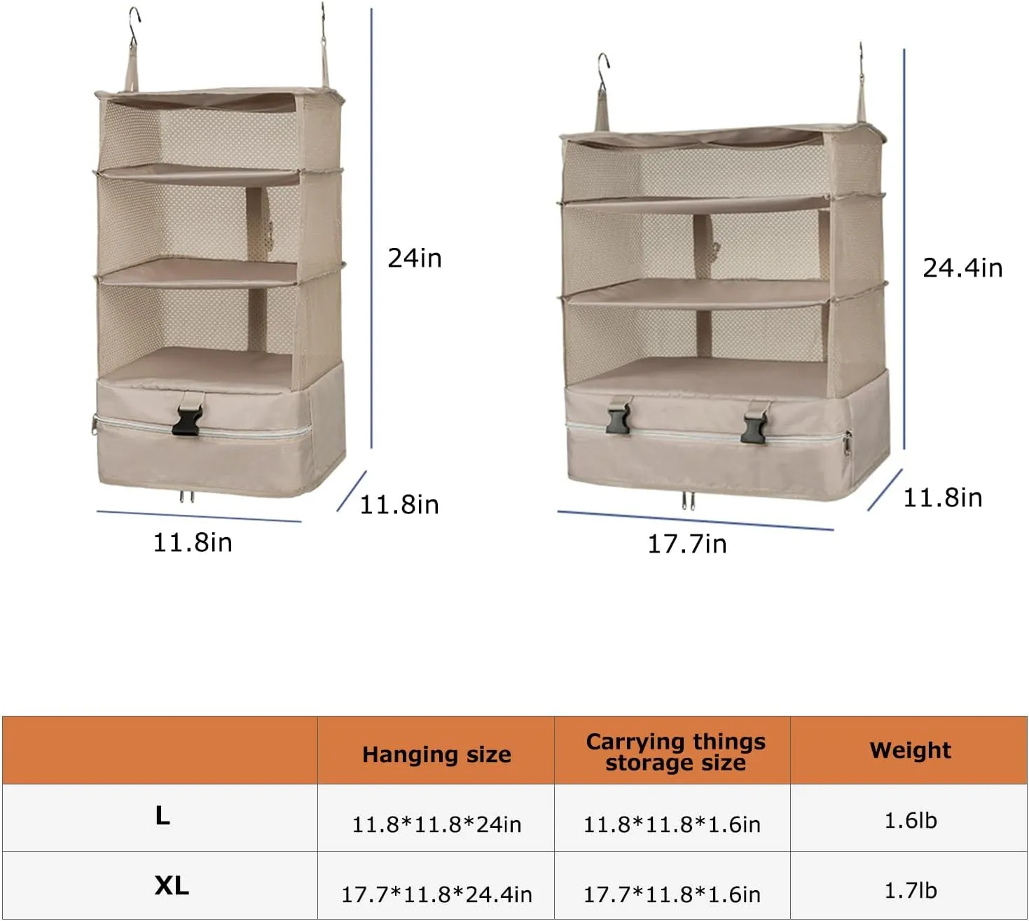 TABITORA Portable Hanging Travel Shelves Bag Packing Cube Organizer Suitcase Storage Large Capacity