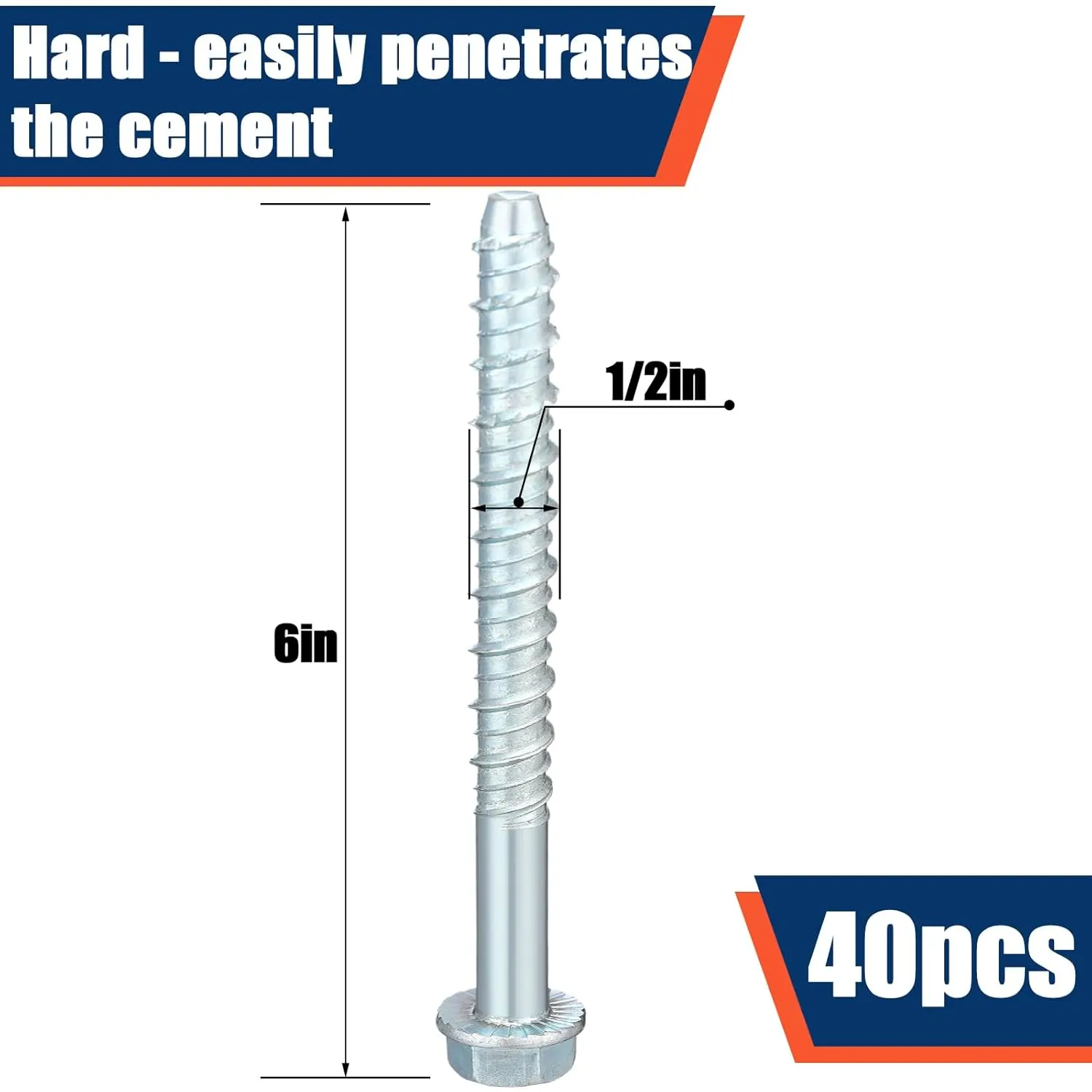 Tandefio 40 Pack 1/2" x 6" Concrete Screw Anchor Galvanized Large Diameter Heavy Duty Plated Concrete Anchors for Masonry Brick Anchoring Block Decking Framing Hex Drive