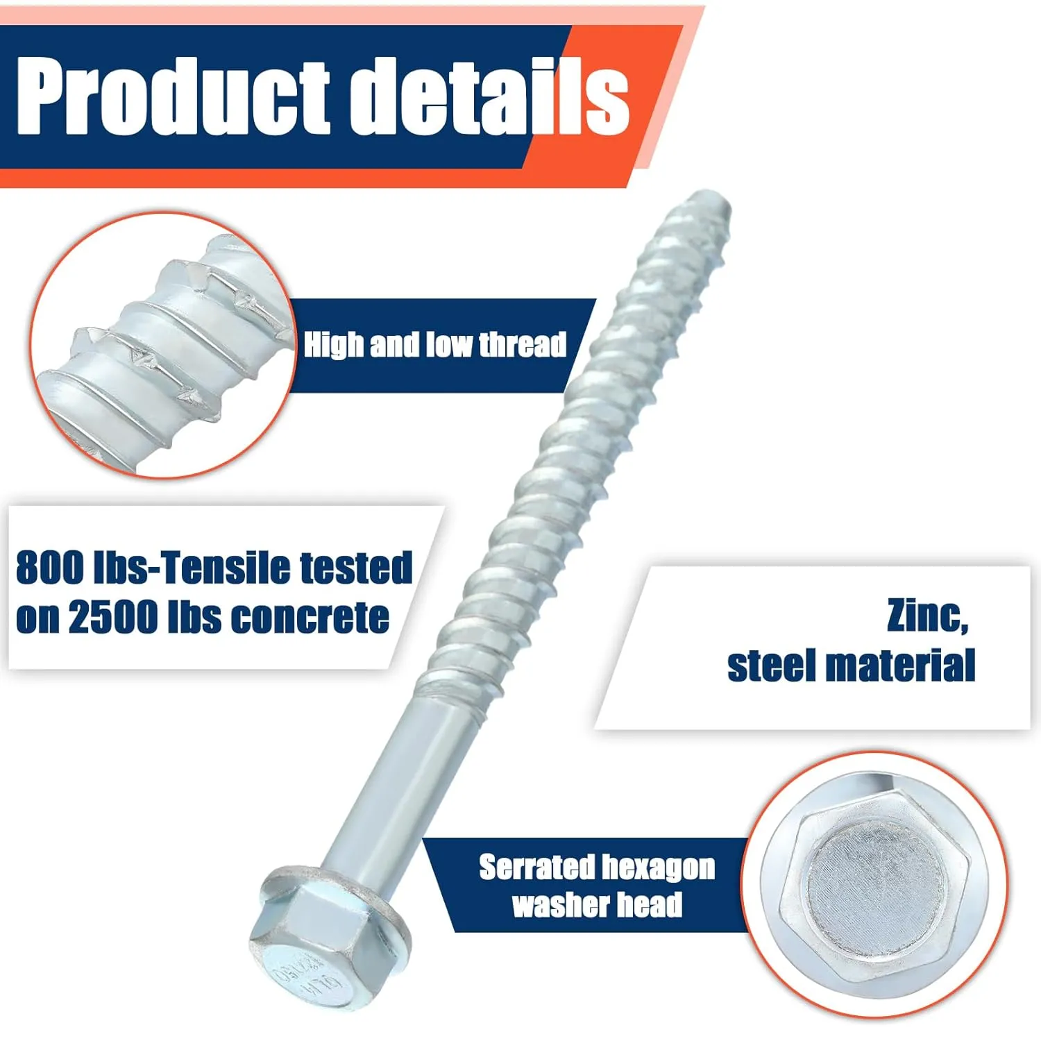 Tandefio 40 Pack 1/2" x 6" Concrete Screw Anchor Galvanized Large Diameter Heavy Duty Plated Concrete Anchors for Masonry Brick Anchoring Block Decking Framing Hex Drive