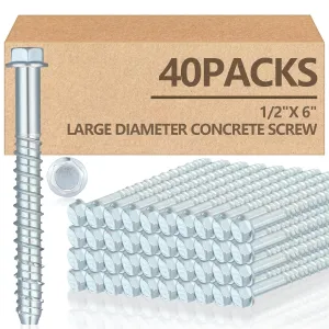 Tandefio 40 Pack 1/2" x 6" Concrete Screw Anchor Galvanized Large Diameter Heavy Duty Plated Concrete Anchors for Masonry Brick Anchoring Block Decking Framing Hex Drive