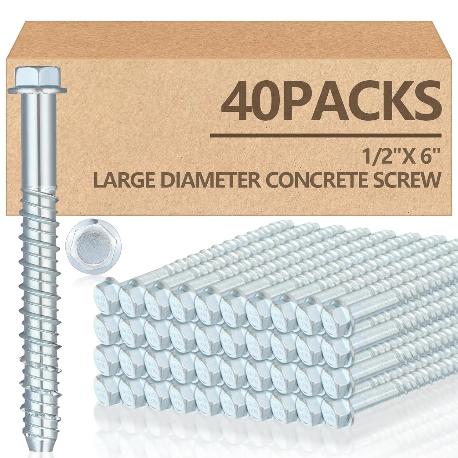 Tandefio 40 Pack 1/2" x 6" Concrete Screw Anchor Galvanized Large Diameter Heavy Duty Plated Concrete Anchors for Masonry Brick Anchoring Block Decking Framing Hex Drive