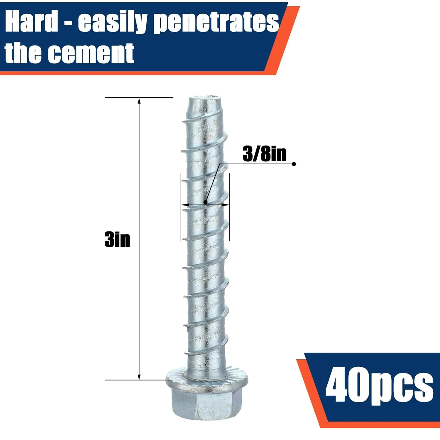 Tandefio 40 Pack 3/8" x 3" Concrete Screw Anchor Galvanized Large Diameter Heavy Duty Plated Concrete Anchors for Masonry Brick Anchoring Block Decking Framing Hex Drive