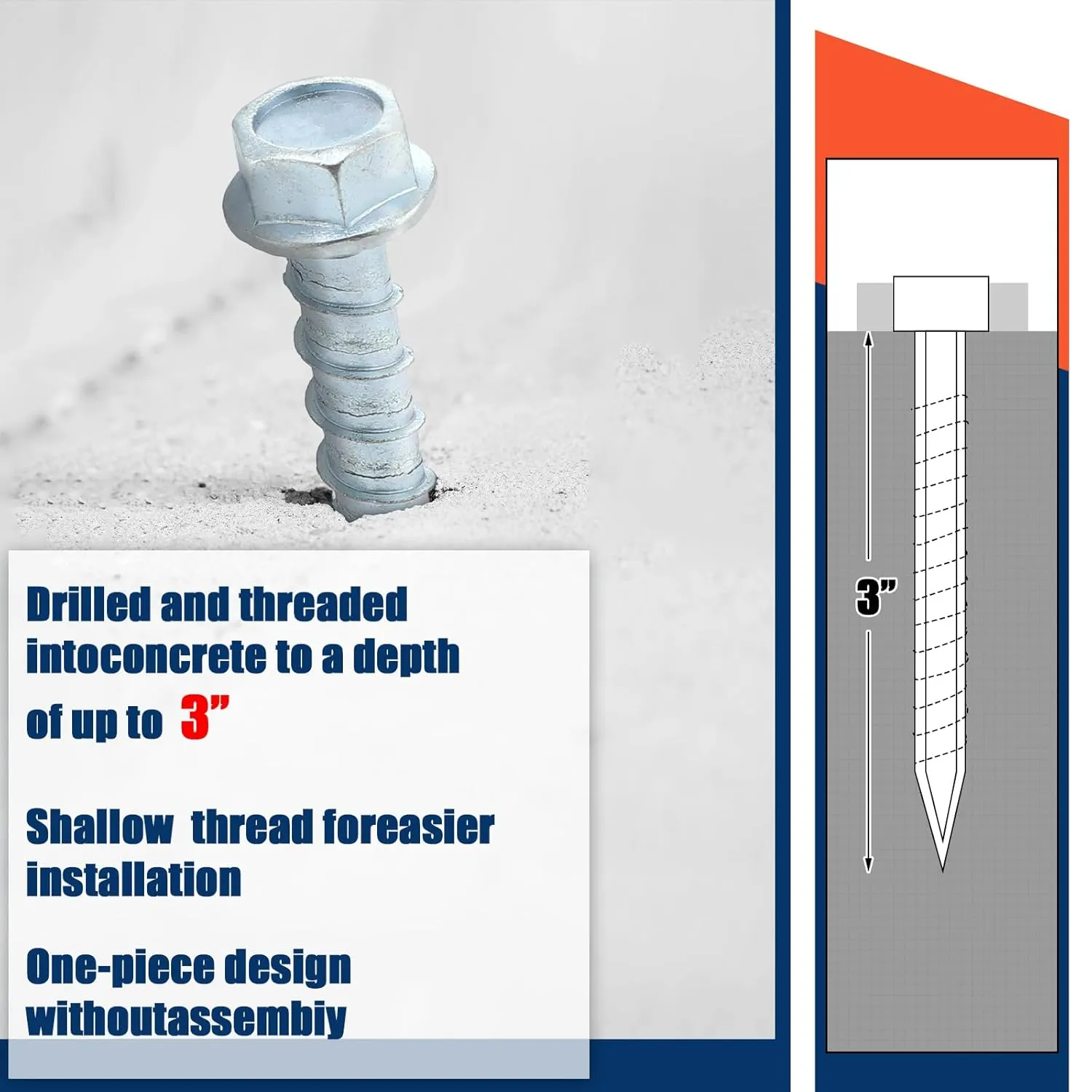 Tandefio 40 Pack 3/8" x 3" Concrete Screw Anchor Galvanized Large Diameter Heavy Duty Plated Concrete Anchors for Masonry Brick Anchoring Block Decking Framing Hex Drive