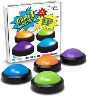 Teacher's Choice 4 Pack Game Buzzers with Unique Loud Sounds for Each Buzzer | Great for Trivia Games, Family Feud, Jeopardy, Competition, Spelling Bees and More