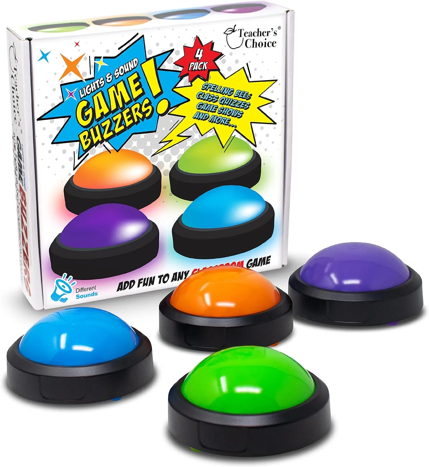 Teacher's Choice 4 Pack Light Up Game Buzzers with Unique Loud Sounds for Each Buzzer | Great for Trivia Games, Family Feud, Jeopardy, Competition, Spelling Bees and More