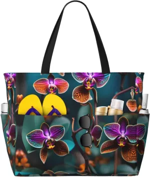 Teal And Orange Orchid Print Versatile Large Beach Travel Bag,Anti-Sand Beach Carry Bag For Various Needs