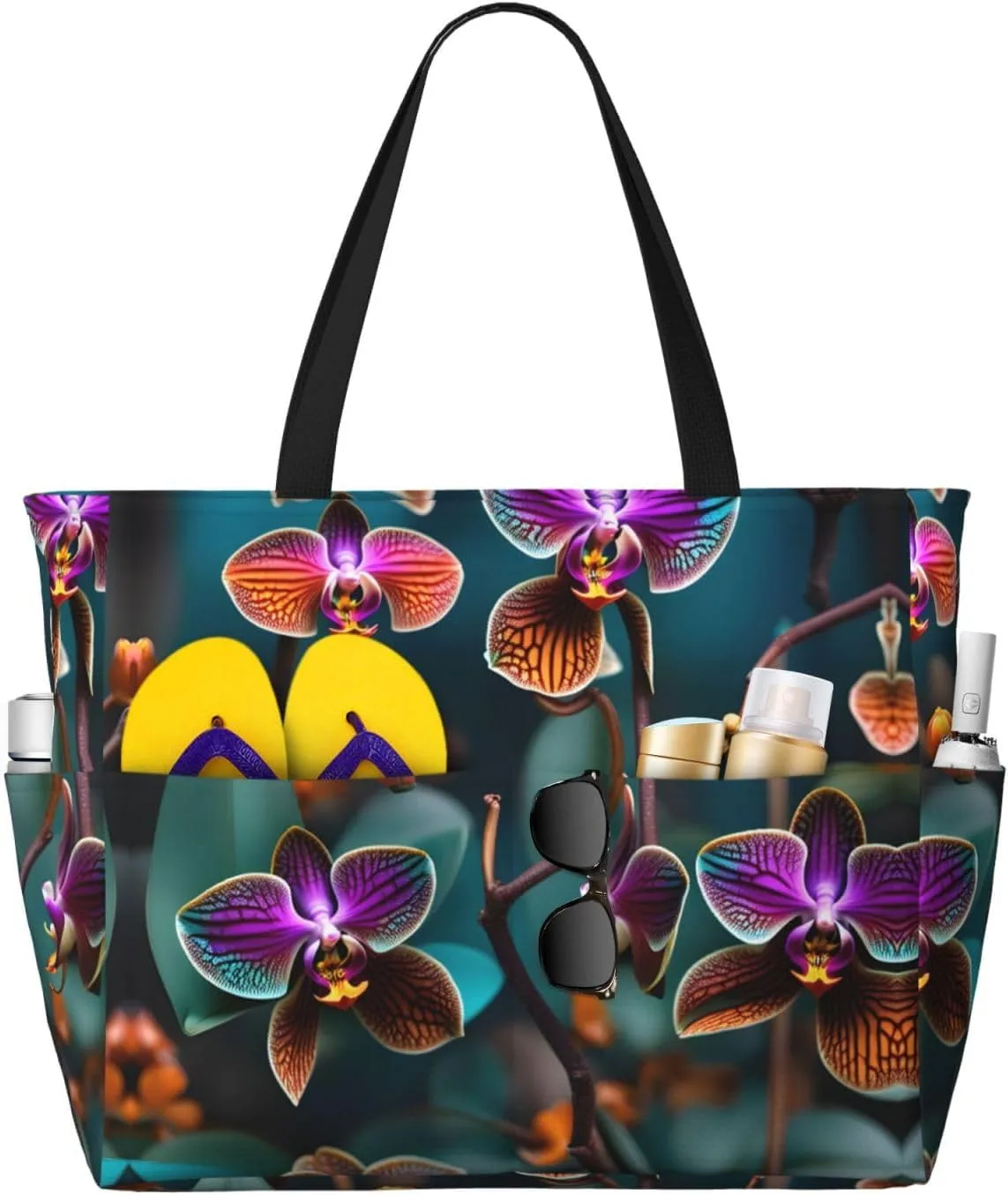 Teal And Orange Orchid Print Versatile Large Beach Travel Bag,Anti-Sand Beach Carry Bag For Various Needs