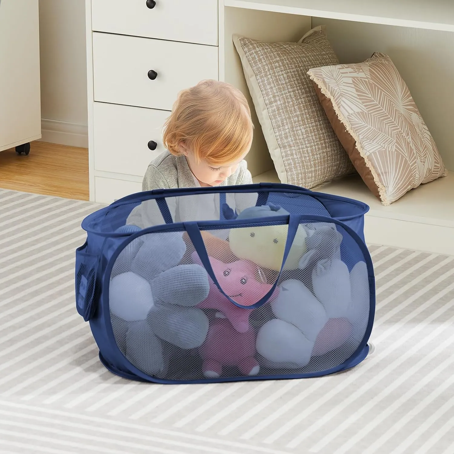 TECHMILLY Mesh Pop Up Laundry Basket with Strong Handles, Large Opening Collapsible Clothes Hampers, Portable & Easy for Use (2 Pack, Blue)