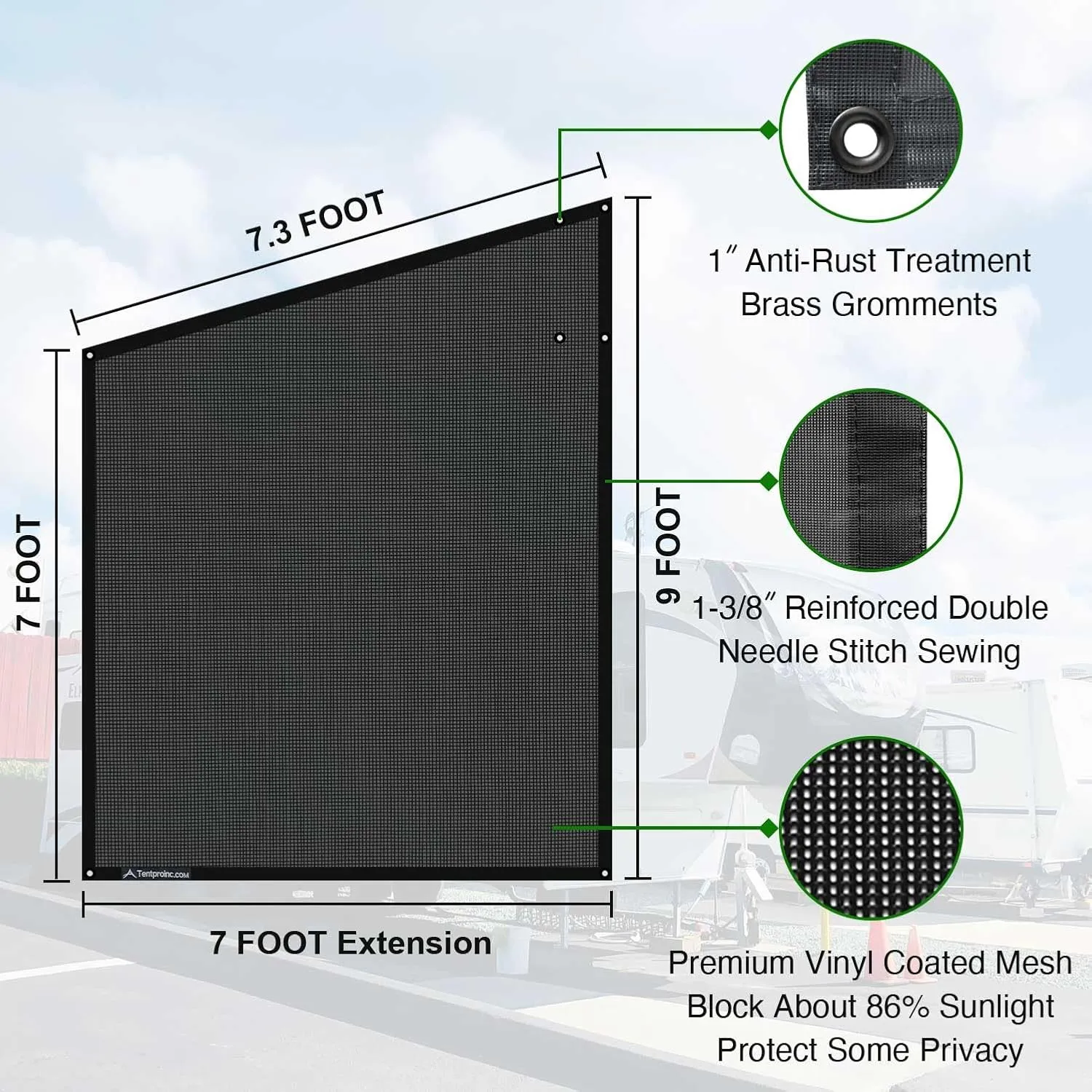 Tentproinc RV Awning Side Sun Shade Screen 9'X7' Mesh Sunshade for RV Awning Sunscreen Motorhome Camping Trailer Awning Screenshade Block UV Glare - 3 Year Warranty (Black)