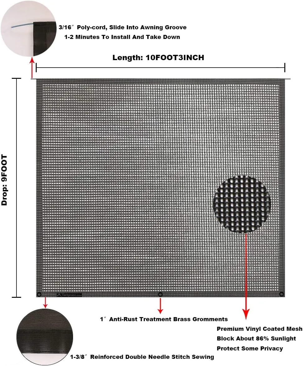Tentproinc RV Awning Sun Shade Screen 9' X 10' 3'' (Fit for 11' Awning) Mesh Sunshade for RV Awning Sunscreen Block UV Glare Motorhome Camping Trailer Awning Screenshade - 3 Year Warranty (Black)