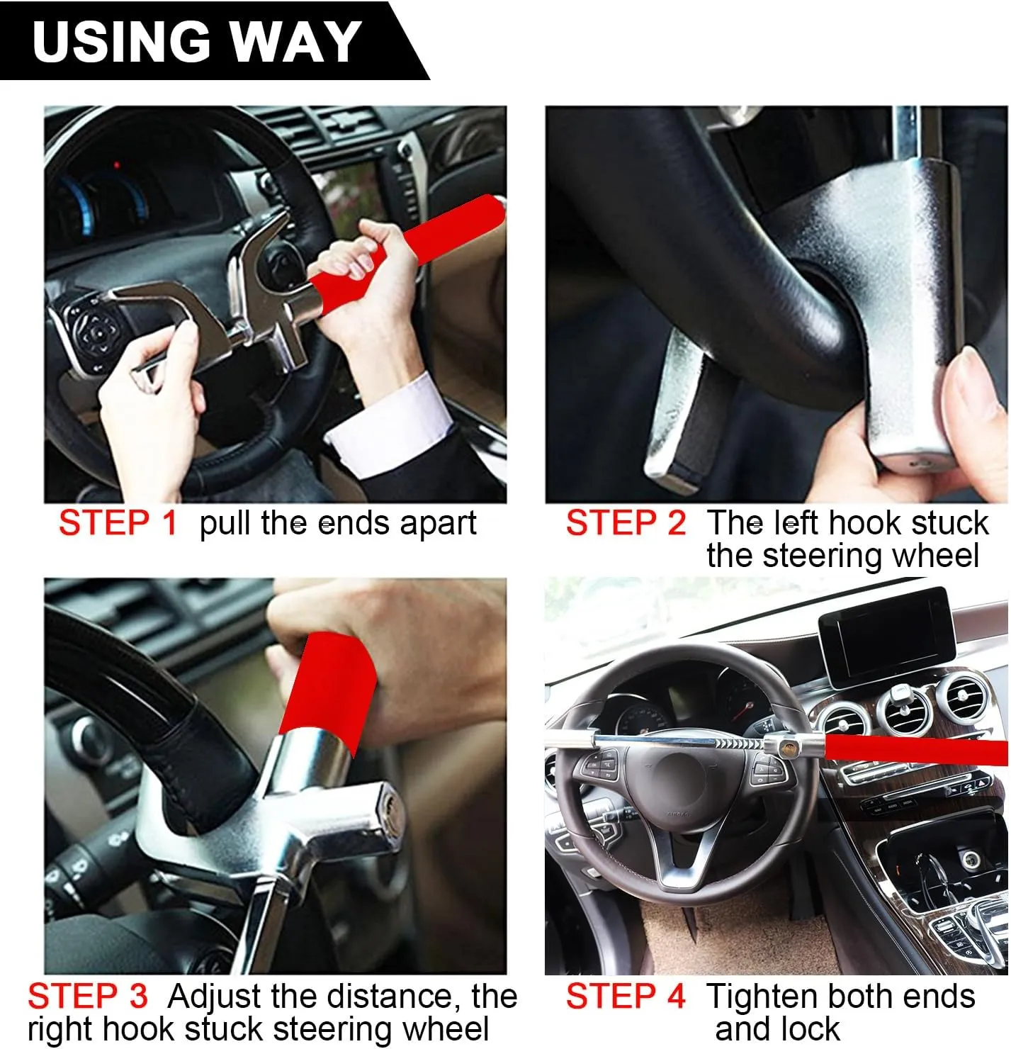 Tevlaphee Steering Wheel Lock Anti Theft Car Device Universal Prevention Adjustable Double Hook Emergency Hammer Window Breaker Self Defense Heavy Duty Secure (Red)
