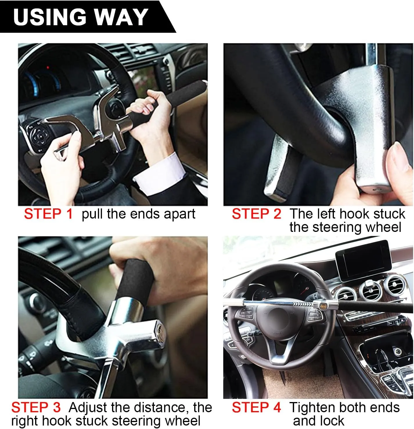 Tevlaphee Steering Wheel Lock Anti Theft Car Device Universal Theft Prevention Car Lock Adjustable Double Hook Emergency Hammer Window Breaker Self Defense Heavy Duty Secure (Black)