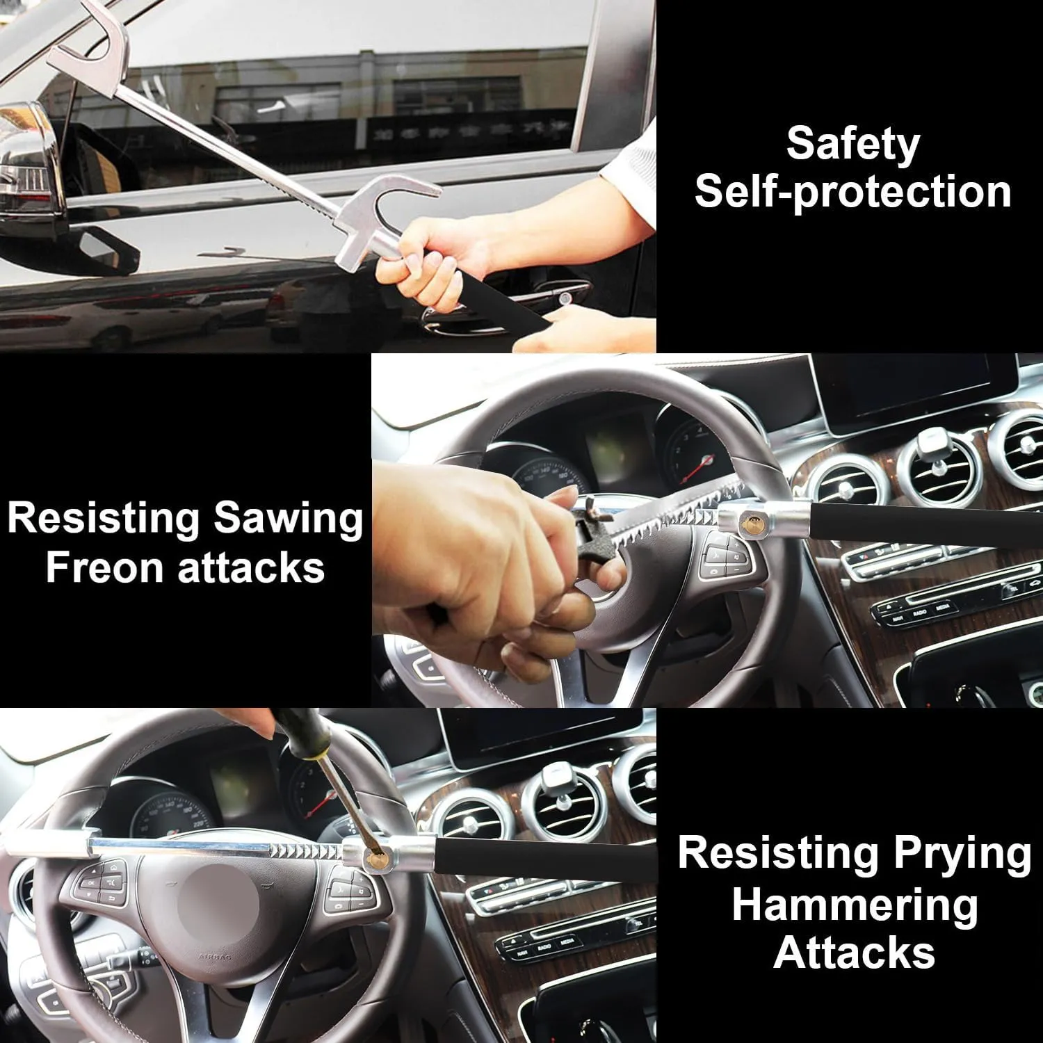 Tevlaphee Steering Wheel Lock Anti Theft Car Device Universal Theft Prevention Car Lock Adjustable Double Hook Emergency Hammer Window Breaker Self Defense Heavy Duty Secure (Black)