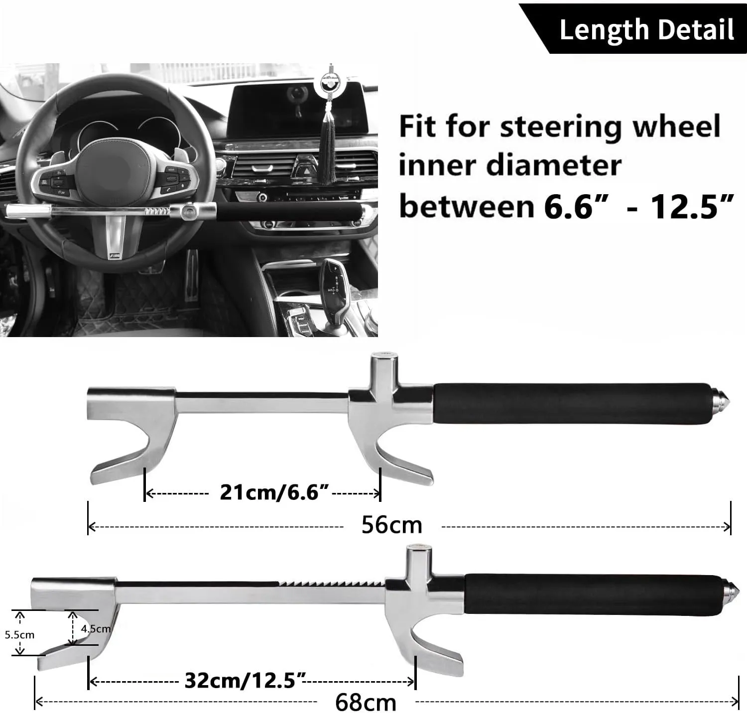 Tevlaphee Steering Wheel Lock Anti Theft Car Device Universal Theft Prevention Car Lock Adjustable Double Hook Emergency Hammer Window Breaker Self Defense Heavy Duty Secure (Black)