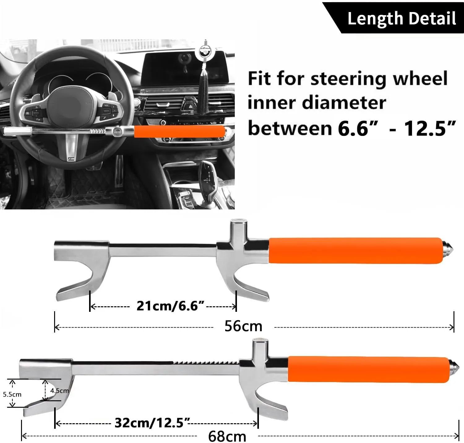 Tevlaphee Steering Wheel Lock - Anti Theft Car Device, Universal Theft Prevention Lock, Adjustable Double Hook, Emergency Hammer, Window Breaker, Self Defense, Heavy Duty Secure (Orange)