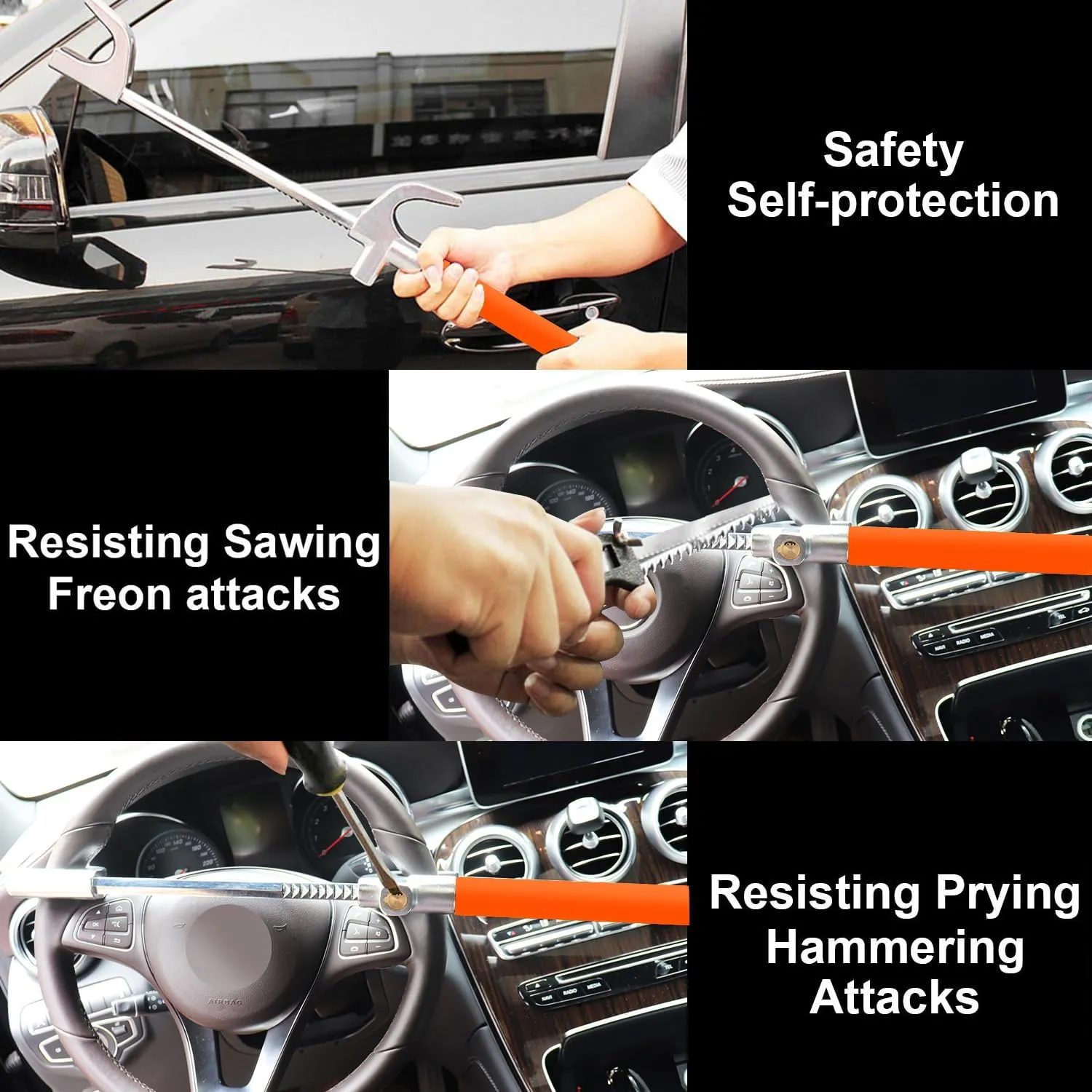 Tevlaphee Steering Wheel Lock - Anti Theft Car Device, Universal Theft Prevention Lock, Adjustable Double Hook, Emergency Hammer, Window Breaker, Self Defense, Heavy Duty Secure (Orange)