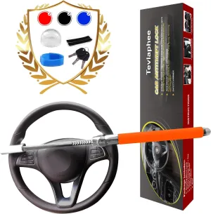 Tevlaphee Steering Wheel Lock - Anti Theft Car Device, Universal Theft Prevention Lock, Adjustable Double Hook, Emergency Hammer, Window Breaker, Self Defense, Heavy Duty Secure (Orange)