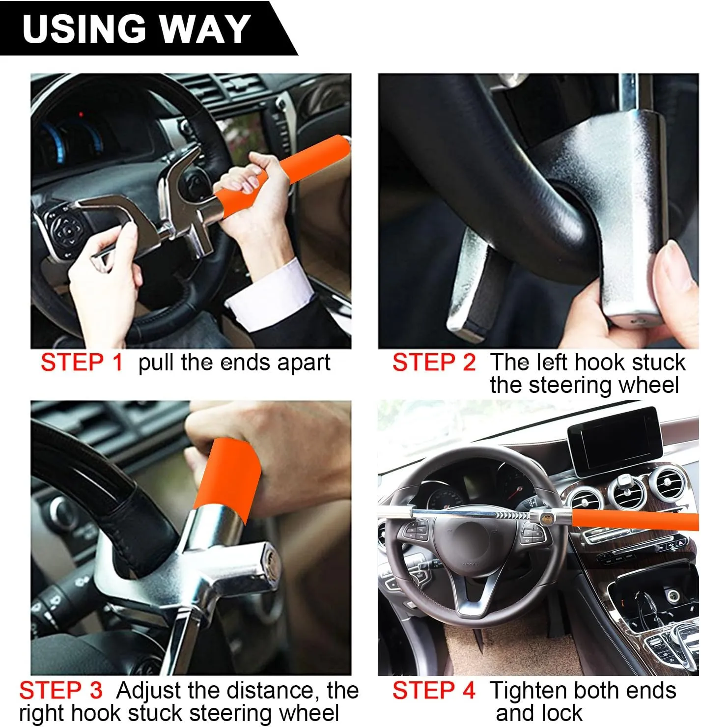 Tevlaphee Steering Wheel Lock - Anti Theft Car Device, Universal Theft Prevention Lock, Adjustable Double Hook, Emergency Hammer, Window Breaker, Self Defense, Heavy Duty Secure (Orange)