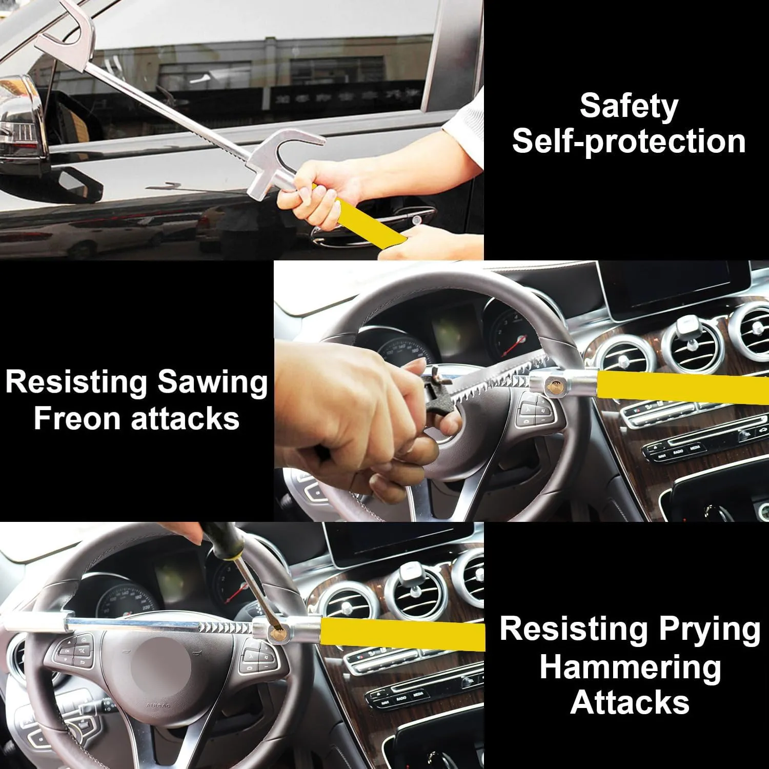 Tevlaphee Steering Wheel Lock Anti-Theft Car Device, Yellow, Heavy Duty