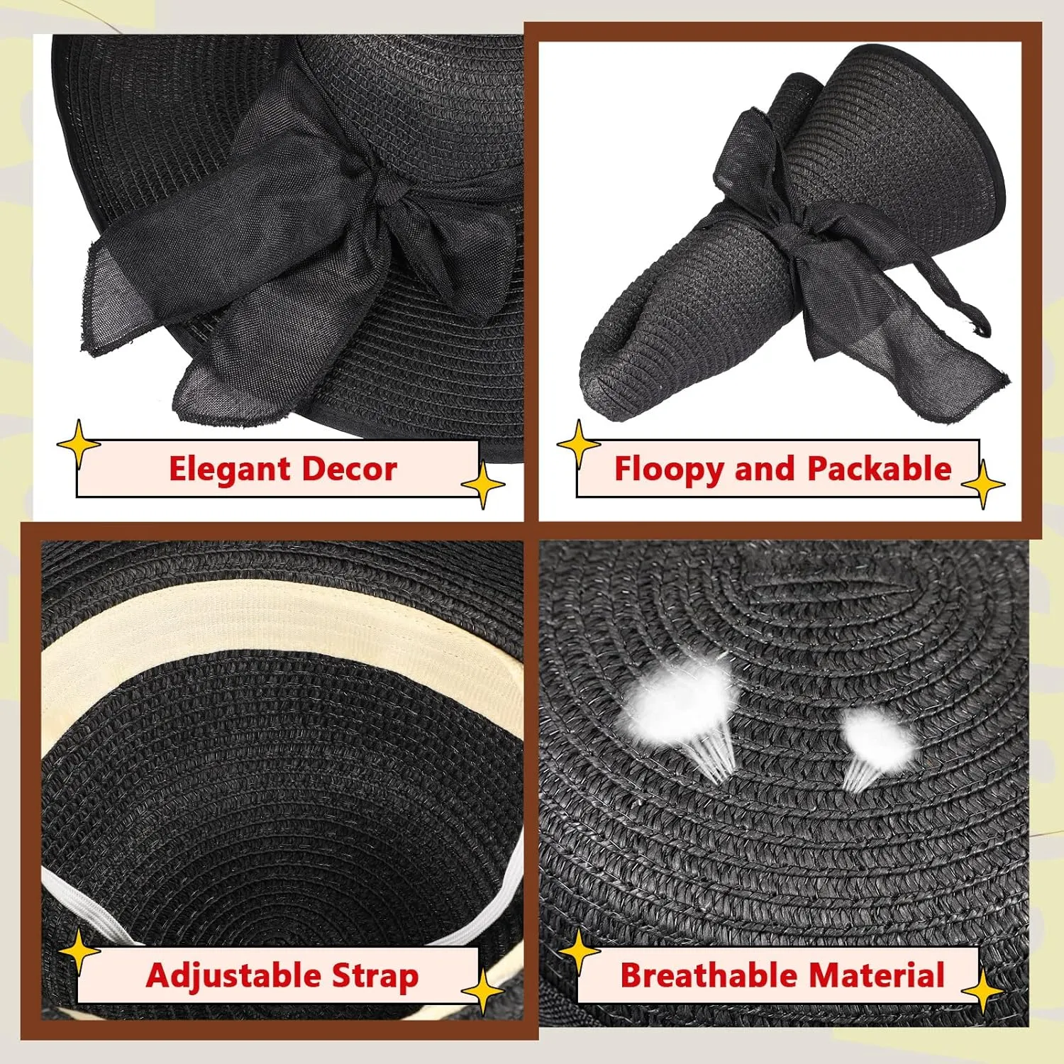 Tigeen 12 PCS Women's Wide Brim Straw Hats Floppy Sun Hat Foldable Multicolor Summer Beach Sun Cap UPF 50 