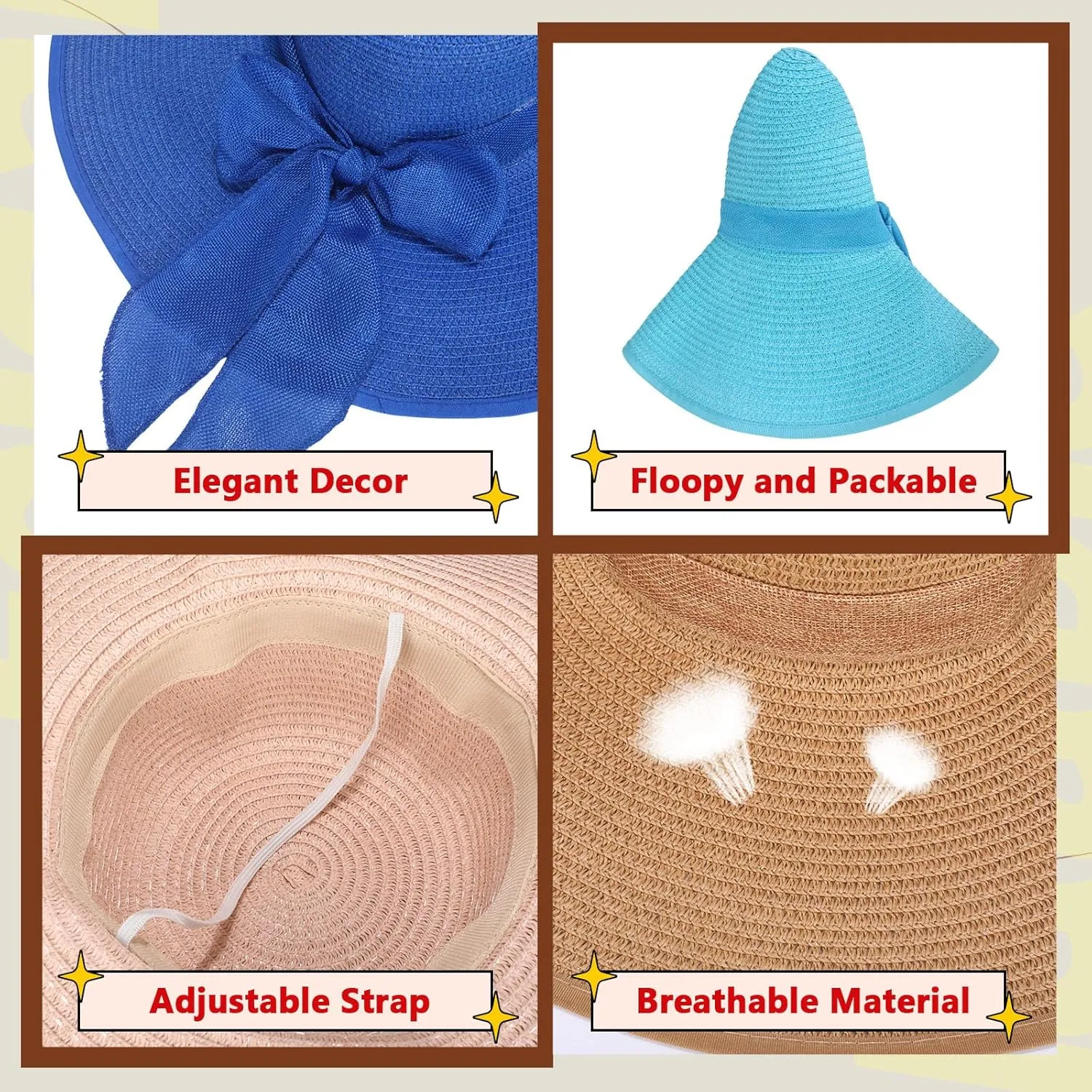 Tigeen 12 PCS Women's Wide Brim Straw Hats Floppy Sun Hat Foldable Multicolor Summer Beach Sun Cap UPF 50 