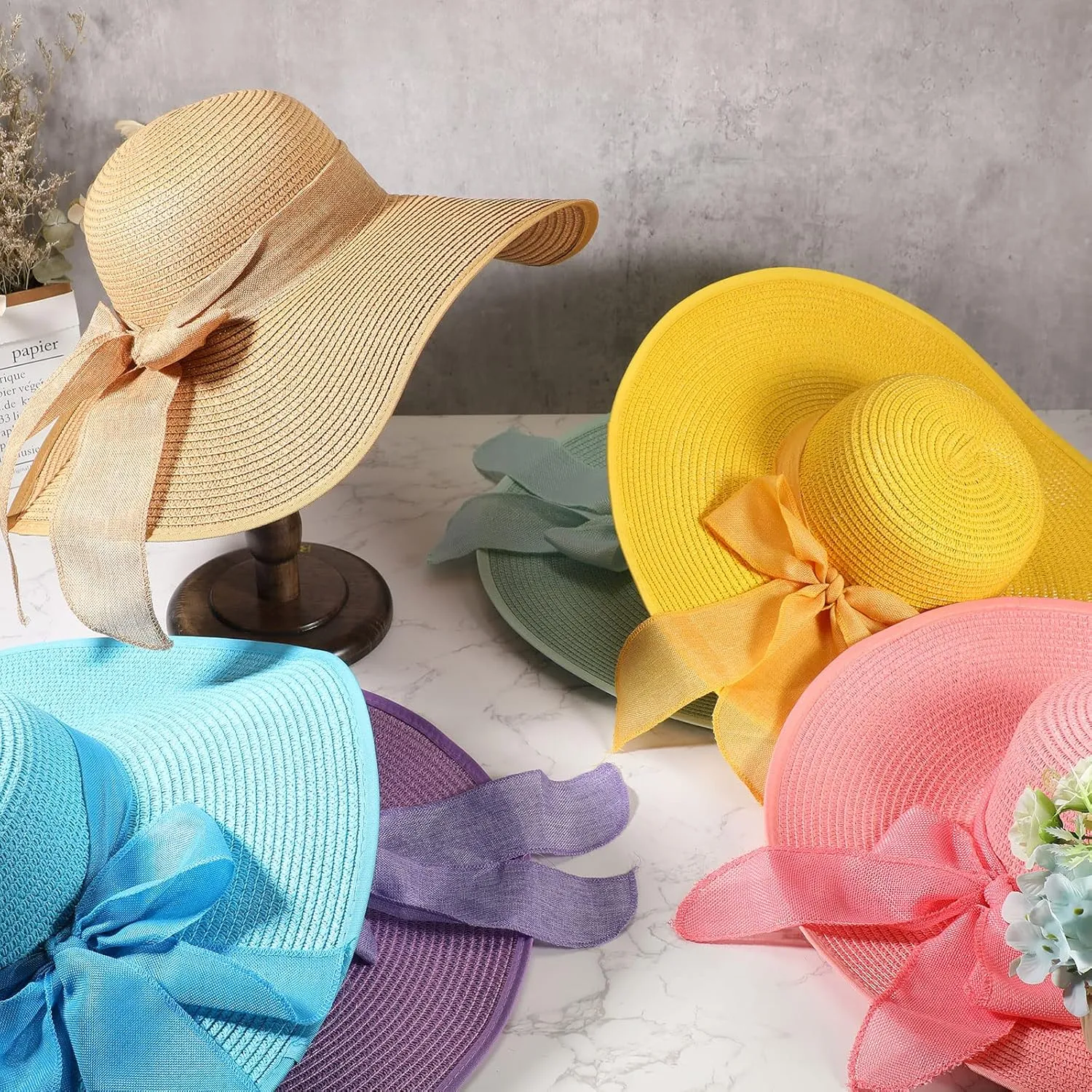 Tigeen 12 PCS Women's Wide Brim Straw Hats Floppy Sun Hat Foldable Multicolor Summer Beach Sun Cap UPF 50 